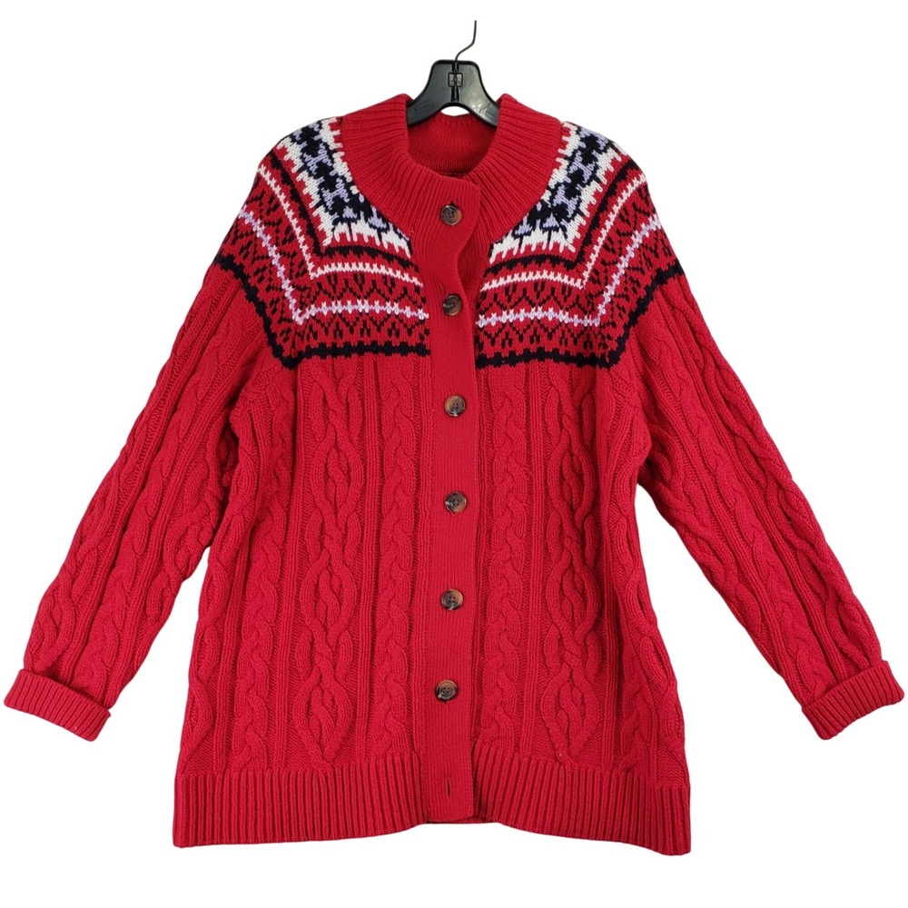 Lands End Fair Isle Cardigan Womens 1X Red Cable Knit Alpine Winter Sweater